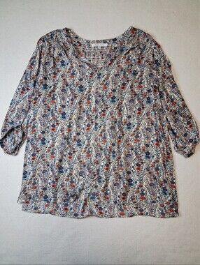 Rose & Olive Cream Floral V-Neck Blouse with Blue & Rust Flowers